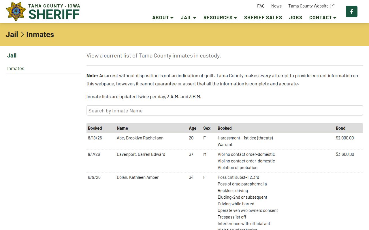 Tama County jail roster and current booking record search