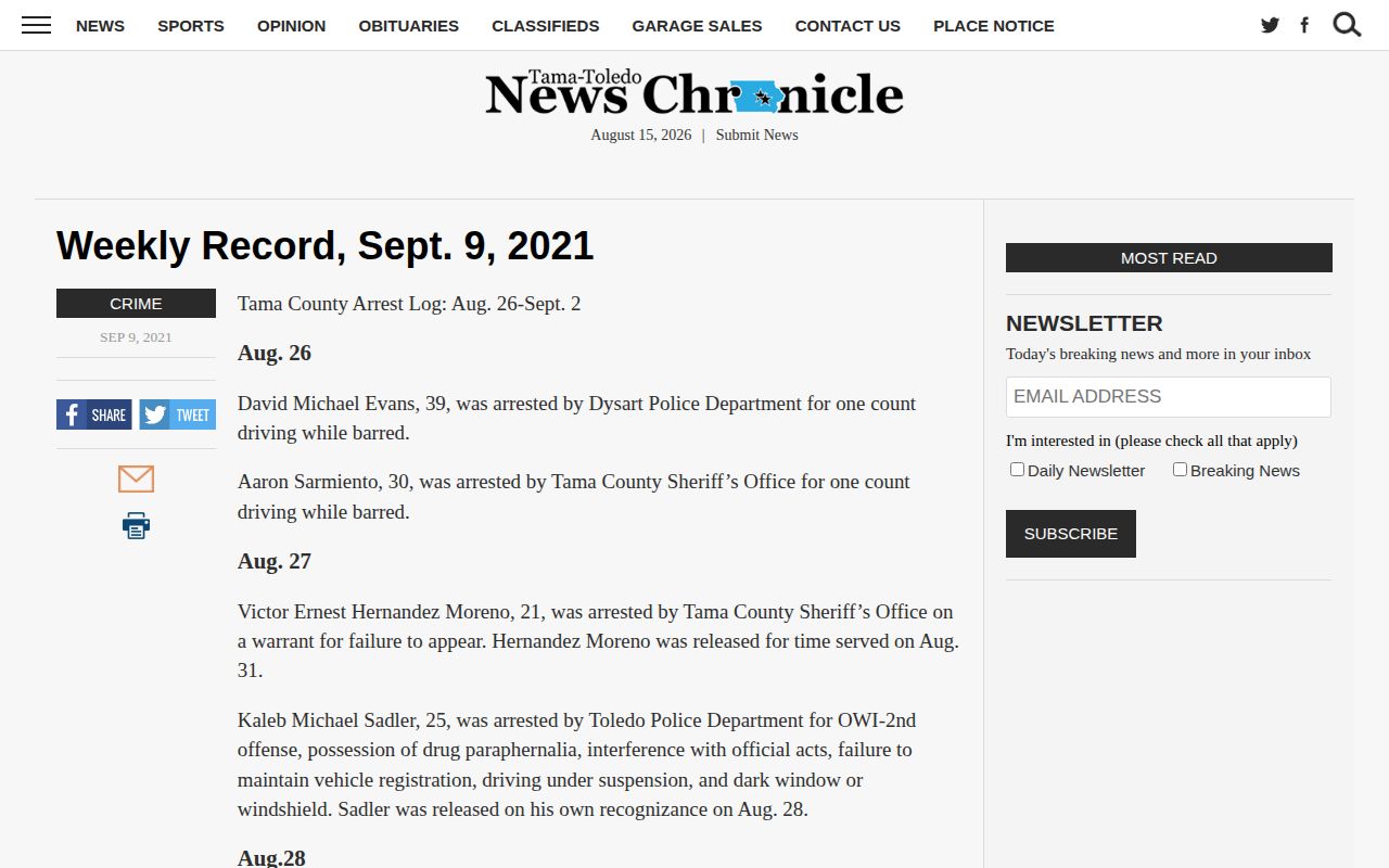 Tama County crime news weekly arrest record from the Tama-Toledo News Chronicle