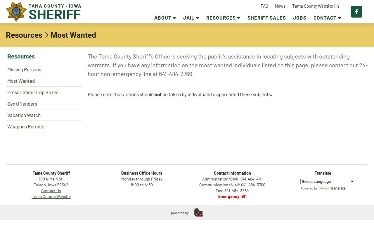 Tama County Sheriff Most Wanted official landing page